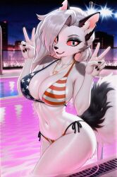 1girls ai_generated american_flag_bikini anthro anthro_female anthro_only ass big_ass big_breasts bikini breasts canid canine canis demon demon_girl double_peace_sign ear female furry furry_female furry_only furry_tail goth goth_girl grey_body grey_fur grey_hair hellhound helluva_boss hi_res high_resolution hires lights long_hair looking_at_viewer loona_(helluva_boss) mildlyflirty necklace open_mouth outdoors outside peace_sign pool pool_lights poolside red_sclera sexy_pose solo solo_female swimsuit swimwear tail two-piece_swimsuit two-tone_body two-tone_fur two-tone_tail upscaled wet wet_body wet_fur wet_hair white_body white_eyes white_fur wolf wolf_girl