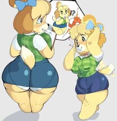 animal_crossing anthro big_ass blush canid canine canis domestic_dog fat_ass female isabelle_(animal_crossing) magnetstuff nipples_visible_through_clothing tagme tailwag underwear
