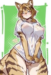 2025 absurd_res anthro areola arm_tuft ass big_breasts blonde_hair blush bottomless breasts butt_from_the_front clothed clothing elbow_tuft emanata eyebrows eyelashes felid feline felis female fur genitals green_eyes hair heart_symbol hi_res inner_ear_fluff mammal mashiaka mihoyo navel neck_tuft nipples ponytail pubes pulchra_fellini shirt shirt_only solo t-shirt t-shirt_only tan_body tan_fur thick_thighs thiren topwear topwear_only translucent translucent_clothing tuft vulva wide_hips yellow_body yellow_fur zenless_zone_zero
