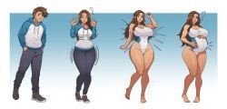 ! ? ass barefoot big_belly black_pants blue_eyes blue_hoodie breast_expansion breast_growth brown_hair competition_swimsuit covered_navel full_body gender_transformation genderswap genderswap_(mtf) hair_growth hand_on_own_stomach hip_expansion hips hood hood_down hoodie instant_pregnancy large_breasts long_hair looking_at_viewer mtf_transformation multiple_views one-piece_swimsuit open_mouth pants pregnant sequence shoes short_hair shrinking standing swimsuit tagme transformation transformation_sequence white_one-piece_swimsuit wide_hips wixedecho