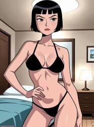 2025 ai_generated bedroom_background belly ben_10 black_bikini black_dot_eyes black_eyebrows black_hair_female brown_eyes_female bubbleteexl cartoon_network female_only hand_on_hip house_background instagram julie_yamamoto looking_around meta orange_lips short_hair_female tummy warner_bros._animation