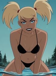 2025 ai_generated batman_(series) belly black_bikini black_dot_eyes black_eyebrows blonde-haired_female blonde_female blue_eyes_female bubbleteexl dark_red_lips dc dc_animated_universe dc_comics female_only forest_background grinning_at_viewer harley_quinn_(dcau) instagram inviting_viewer looking_at_viewer meta playing red_hair_ribbon river smile_at_viewer smiling_at_viewer swimming teeth_showing teeth_visible tummy water_background wet_body wet_face wet_head