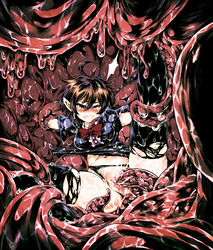 ahoge alternate_hair_color ass bangs black_dress black_hair black_legwear black_panties blush bow bowtie breasts brown_hair censored clenched_teeth clitoral_stimulation crying cute_fang dress dress_lift female gradient_hair hair_between_eyes leg_lift looking_down mosaic_censoring multicolored_hair navel nose_blush nue_houjuu panties panties_aside panty_pull pink_lips pointy_ears rape red_eyes red_neckwear restrained satozaki_(wonda_h) short_dress slime small_breasts solo spread_legs stomach teeth tentacle tentacle_rape thighhighs thighs torn_legwear touhou underwear vaginal_blood vaginal_penetration virgin virginal_blood wince