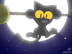 2016 broom clothing cute_fangs feline female halloween holidays kitsoone looking_at_viewer magic magic_cat_academy mammal momo_(google) moon pussy yellow_eyes