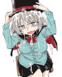 aqua_eyes cape commentary_request cum cum_in_hat cum_on_body cum_on_clothes cum_on_hair cum_wearing facial female grey_hair hat highres school_uniform sitting solo sturkey sweater tejina_senpai tejina_senpai_(character) top_hat white_background