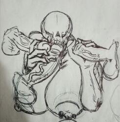 1girls 3boys areolae balls blowjob claws demon_girl doom eyeless_female hell_knight_(doom) huge_cock human humanoid kaxta male/female nipples oral oral_sex piercing sketch video_games