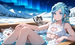 1boy ai_generated bath bathing blue_nails bra bubble_bath bubbles bulge cat_cutout femboy grusha_(pokemon) happy hot_tub hottub lingerie male nails_painted night night_sky otoko_no_ko panties penis pokemon smile smiling thighs tub water