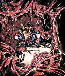 ahoge alternate_hair_color ass bangs black_dress black_hair black_legwear black_panties blush bow bowtie breasts brown_hair censored clitoral_stimulation crying crying_with_eyes_open cute_fang dress dress_lift female gradient_hair hair_between_eyes leg_lift looking_down mosaic_censoring motion_lines multicolored_hair navel nose_blush nue_houjuu open_mouth panties panties_aside panty_pull pink_lips pointy_ears pussy rape red_eyes red_neckwear restrained satozaki_(wonda_h) short_dress slime small_breasts solo spread_legs stomach tears teeth tentacle tentacle_rape thighhighs thighs thrusting torn_legwear touhou triple_penetration underwear vaginal_penetration