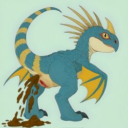 ai ai_generated anus bing_image_creator blue_body cartoon deadly_nadder dragon dreamworks eclipsetheorca facial_horn feces female feral fetish filth genitals hi_res horn how_to_train_your_dragon invalid_background looking_at_viewer looking_back mythological_creature mythological_scalie mythology nose_horn pupils pussy raised_tail scalie scat shit simple slit_pupils solo stable_diffusion stormfly tail wyvern yellow_eyes
