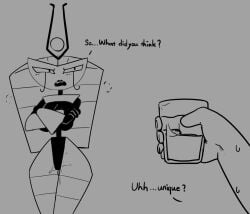 alien alien_humanoid animal_humanoid arthropod arthropod_humanoid bodily_fluids breasts dialogue duo english_text female genital_fluids greyscale hi_res human humanoid insect_humanoid insects male mammal mdthetest milk monochrome my_life_as_a_teenage_robot nickelodeon not_furry simple_background sweat text vaginal_fluids vexus