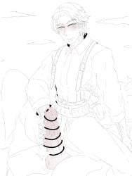 1boy anon baku_yorozu belt blush blush_lines censor_bar censored censored_penis clothed disaste1960713 erect_penis erection gay gay_handjob handjob holster kamen_rider kamen_rider_zeztz_(series) leg_up legs_apart legs_spread looking_down looking_down_at_penis male male_focus male_only overalls penis penis_out precum precum_drip request short_hair straddle straddling sweat sweatdrop sweating tremble_lines tremble_spikes trembling trembling_penis unseen_face unseen_male_face yaoi