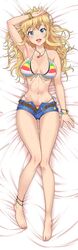 :d anklet arm_up armpits bangle bangs bare_arms bare_legs bare_shoulders barefoot bed_sheet belt belt_buckle bikini bikini_under_clothes blonde_hair blue_eyes blue_shorts blush bracelet breasts buckle cleavage dakimakura denim denim_shorts eyebrows_visible_through_hair feet female from_above front-tie_bikini front-tie_top full_body gyaru hand_on_own_head highres idolmaster idolmaster_cinderella_girls jewelry kogal long_hair looking_at_viewer lying medium_breasts multicolored multicolored_bikini multicolored_clothes nail_polish navel necklace nigou on_back ootsuki_yui open_fly open_mouth pink_nails pink_toenails ribbon short_shorts shorts smile solo star stomach swimsuit thigh_gap toenail_polish toes unbuckled_belt wavy_hair white_ribbon