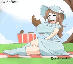 1girl 1girls big_breasts blue_dress breasts chewing chicken dress drumsticks eating feet hat huge_breasts kfc knees long_hair mai picnic picnic_blanket sitting tagme woman woman_only