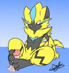 1boy 2017 3_toes ambiguous_gender anthro benjipaws claws disembodied_penis duo faceless_male feline foot_fetish footjob furry human humanoid_penis interspecies legendary_pokémon looking_down male male_zeraora mammal nintendo penis pokémon_(species) poképhilia pokemon pokemon_usm pussy sex simple_background solo_focus straight text toes video_games zeraora