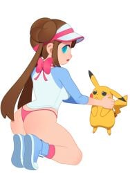 1girls 3:4 ass blue_eyes bow brown_hair female hat hi_res highres hochihochiha holding_pokemon long_hair long_sleeves looking_at_viewer looking_back mouth_open nintendo no_pants on_knees panties pink_panties pink_socks pokemon rosa_(pokemon) shirt simple_background sneakers solo thong white_background