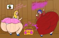 2girls ass ass_bigger_than_body big_ass blonde_hair blue_eyes blue_hair bluhmaster boombox bottom_heavy clapping_ass clapping_buttocks clapping_cheeks clothed clothed_female dialogue dress duo emily_(stardew_valley) english_text female female_only giant_ass gigantic_ass glowing_eyes gold_boombox_(prevence) haley_(stardew_valley) huge_ass huge_breasts hyper_ass hypnosis large_ass long_hair massive_ass motion_lines multiple_girls musical_note non-nude panties rear_view short_hair siblings sisters stardew_valley text thick_thighs twerk twerk_hypnosis twerking twerking_to_music twerkoff upskirt