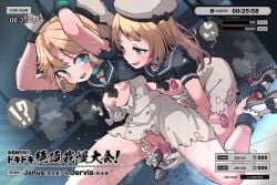 2girls black_neckerchief blonde_hair blue_eyes breasts collar commentary_request cuffs dildo dress egg_vibrator es_(eisis) gloves handcuffs hat heavy_breathing high_heels highres janus_(kancolle) jervis_(kancolle) multiple_girls neckerchief nipple_clamps nipple_stimulation sailor_dress sex_toy short_hair small_breasts sweat torn_clothes vibrator white_gloves yuri