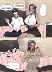 ... 1boy 1boy1girl 1girls 2koma absurd_res after_sex age_difference black_hair breasts clothed clothing english_text female glasses huge_breasts male male/female mature mature_female mature_woman milf one_eye_closed open_mouth original playing_videogame purple_hair purple_nails suo68 teacher teacher_and_student text text_bubble