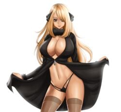 1girls alone black_panties blonde_hair breasts cleavage cynthia_(pokemon) female flowerxl highers human large_breasts long_hair navel nintendo panties pinup pokemon pokemon_dppt solo standing stomach thighhighs thighs