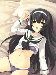 bangs bed black_hair black_neckwear blouse blue_bra blue_panties bra brown_eyes condom cum_on_stomach eitarou_(kaminari_neko) female from_above girls_und_panzer hairband highres holding holding_condom long_hair long_sleeves looking_at_viewer lying neckerchief no_pants on_back ooarai_school_uniform open_mouth panties pillow reizei_mako school_uniform serafuku shirt_lift solo underwear used_condom white_blouse white_hairband