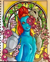 anthro armor breasts clothed clothing female fish flower hair kierie marine plant ponytail portrait red_hair scar small_breasts topless undertale undyne video_games