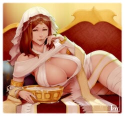 breasts brown_hair circlet cleavage couch cum cum_in_container cum_in_mouth dark_souls detached_sleeves excessive_cum female fromsoftware goddess gold_(metal) gold_jewelry large_breasts looking_at_viewer lying materclaws on_side queen_of_sunlight_gwynevere shawl smile solo souls_(from_software)