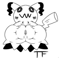 1girls blush female ghost mimikyu monochrome nintendo pokémon_(species) pokemon pokemon_sm pussy pussy_bulge pussy_juice simple_background solo text thunderfap video_games wet white_background worried