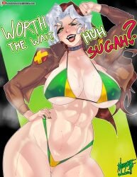 1girls abs armpit_peek barely_clothed bikini black_lipstick blush blushing blushing_at_viewer blushing_female breasts breasts_bigger_than_head brown_jacket collar earrings eye_glint female female_only girl_only green_eyes green_eyeshadow green_nails hand_on_hip hoop_earrings hoop_earrings_oversized huge_breasts human jacket jacket_open large_breasts marvel marvel_rivals mole_on_breast mole_on_stomach mole_on_thigh muscular muscular_female musk musk_clouds open_mouth red_hair red_lipstick rogue_(marvel_rivals) rogue_(x-men) scent shinda292 silver_hair standing studded_collar sweat sweatdrop sweating sweaty sweaty_abs sweaty_body sweaty_breasts sweaty_thighs text thick_thighs two-tone_bikini two-tone_hair two-tone_lipstick voluptuous x-men