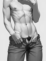 1boy 1cuntboy ai_generated aroused black_and_white bush clitoral_hood clitoris cuntboy cuntboy_only exposed_pussy happy_trail intersex jeans male melk monochrome pants_down pants_pull presenting_pussy pubic_hair pussy pussy_juice pussy_juice_drip pussy_juice_drip_through_clothes pussy_juice_stain shirtless solo solo_cuntboy solo_focus stained_clothes toned toned_male topless topless_male unbuttoned_pants wet_pussy