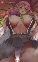 1girls araneesama areola_slip areolae artist_name artist_signature ass_visible_through_thighs belly_button belt black_clothing black_shirt black_skirt blush braided_hair braided_twintails breasts breasts_apart cameltoe commentary cutesexyrobutts_(style) demon_slayer demon_slayer_uniform english_commentary female female_focus female_only gradient_hair green_eyes green_hair groin hair_between_breasts hair_between_eyes haori higher_resolution_available highres holding holding_object holding_umbrella huge_breasts japanese_clothes kanroji_mitsuri kimetsu_no_yaiba large_areolae large_breasts long_hair looking_at_viewer looking_down low-angle_view mole mole_under_eye multicolored_hair naughty_face navel no_bra oil-paper_umbrella open_clothes open_mouth panties patreon_logo patreon_username pink-haired_female pink_hair pleated_skirt pussy revealing_clothes shirt short_skirt skirt solo stomach suggestive_look thick_thighs thigh_gap thighs tri_braids two-tone_hair umbrella underwear undressing upskirt very_high_resolution viewed_from_below watermark web_address white_panties wind wind_lift