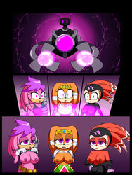 anthro areola breasts clothing glowing_eyes hypnosis julie-su machine mind_control nipples open_mouth orange_fur partially_clothed pink_fur purple_eyes red_fur shade_the_echidna sonic_(series) sonic_colors tikal_the_echidna undressing