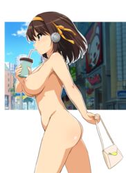 absurdres alternate_version_available ass bag bangs behind-the-head_headphones blue_sky blush breasts brown_eyes brown_hair casual casual_nudity cloud completely_nude_female day drinking_cup drinking_straw female hairband halterneck handbag haruhisky headphones highres large_breasts naked nipples nude public public_nudity road shop short_hair sky solo street suzumiya_haruhi suzumiya_haruhi_no_yuuutsu tree