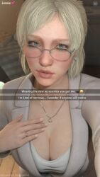 1girls 3d big_breasts blonde_hair blue_eyes breasts capcom cleavage dead_rising dialogue earrings english english_dialogue english_text female female_focus female_only fully_clothed glasses huge_breasts jessica_mccarney jewelry light-skinned_female light_skin looking_at_viewer missed_call necklace pale-skinned_female pale_skin queen_of_spades realistic realistic_proportions ring selfie snapchat solo solo_female solo_focus teasing text