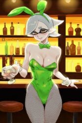 1girls bar bar_stool blush bowtie breasts bunny_ears bunny_girl bunnysuit cleavage fishnets gloves large_breasts looking_at_viewer marie_(splatoon) short splatoon stool tanukichikushin thighs white_gloves yellow_eyes