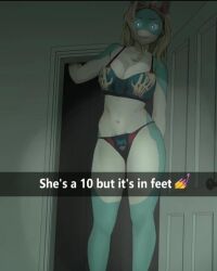 animal_ears anthro blonde_hair blue_eyes bra breasts cleavage clothing door english_language english_text female furry furry_female glowing_eyes grabbing grabbing_another's_breast grabbing_own_breast green_skin horror_(theme) ippan_josei large_breasts long_hair looking_at_viewer my_hero_academia navel panties pantsu red_hairband sis_(artist) sis_xvz smile solo standing subtitled taller_female taller_girl text two_tone_body underwear underwear_only white_skin