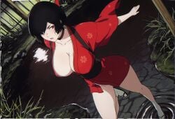 1girls black_hair breasts brown_hair cleavage female japanese_clothes kimono kurenai_(red_ninja) large_breasts no_ai no_panties open_clothes photoshop_(medium) red_ninja short_hair solo