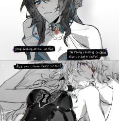 2025 2girls after_sex antipka bed blue_eyes blush dialogue dialogue_box female female_focus female_only grabbing_sheets gripping_sheets heavy_breathing honkai:_star_rail honkai_(series) hoyoverse laying_down laying_on_bed lesbian_sex long_hair looking_at_partner looking_down looking_down_at_partner looking_up_at_partner messy_hair mihoyo partially_colored purple_eyes questionable ruan_mei_(honkai:_star_rail) sheet_grab the_herta_(honkai:_star_rail) yuri
