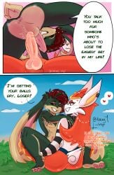 anal anal_sex anthro anus ass ass_up balls bullying cinderace dialogue duo exhibitionism femboy generation_8_pokemon genital_piercing genitals green_body hair hi_res horny_imp lagomorph leporid long_ears long_hair lorenzo_(horny_imp) male male/male mammal nintendo nipple_piercing nipples nude outside penetration penis penis_piercing piercing pokemon pokemon_(species) provocative rabbit rear_view red_hair sky speech_bubble white_body