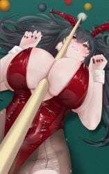 1girls azur_lane billiard_ball billiard_cue billiard_table black_hair bunny_ears bunnysuit detached_cuffs fei_zhi_(art_hakuzi) hair_between_eyes light-skinned_female light_skin nail_polish object_between_breasts red_eyes sakura_empire_(azur_lane) tagme taihou_(azur_lane) taihou_(fun_on_the_baize)_(azur_lane)
