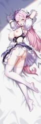 absurdres anus apron arms_behind_head ass bar_censor black_dress blue_eyes breasts censored chinese_commentary clothing_cutout commentary_request cum cum_in_mouth cum_on_body cum_on_legs dakimakura_(medium) dress elysia_(honkai_impact) elysia_(miss_pink)_(honkai_impact) elysia_(miss_pink_elf)_(honkai_impact) fake_horns female garter_straps highres honkai_(series) honkai_impact_3rd horns huiqian large_breasts long_hair lying maid maid_apron maid_headdress merchandise_available nipples no_panties no_shoes official_alternate_costume on_side open_mouth pink_hair puffy_short_sleeves puffy_sleeves pussy short_sleeves side_cutout soles solo thighhighs toes tongue tongue_out white_apron white_garter_straps white_thighhighs