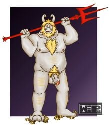 asgore_dreemurr balls bara beard belly blonde_hair body_hair bovid bovine caprine chest_hair crown eyebrows facial_hair flaccid flexing full-length_portrait fur genitals goat hair hairy headgear hi_res horn humanoid_genitalia humanoid_penis male mammal mature_male melee_weapon muscular nipples nude paws penis polearm portrait pose pubes simple_background solo trident undertale_(series) weapon welp_can white_body white_fur yaoi yellow_body yellow_fur