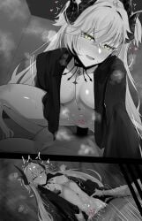 1boy body_markings breasts censored choker clenched_teeth cloak cowgirl_position cowgirl_position crossed_bangs demon_girl demon_horns fate/grand_order fate_(series) female green_eyes greyscale hair_between_eyes highres horns lilith_(fate) lilith_(second_ascension)_(fate) long_hair looking_at_viewer lying medium_breasts missionary monochrome navel on_back open_mouth penis pussy sex smile spot_color stomach_tattoo straddling straight tattoo teeth textless_version twintails vaginal_penetration very_long_hair wakamochi-ta