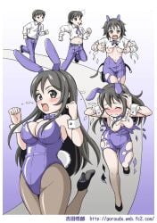animal_ears bow bowtie breasts fake_animal_ears fake_tail genderswap_(mtf) grey_eyes grey_hair large_breasts leotard light_blush original pantyhose playboy_bunny purple_leotard rabbit_ears rabbit_tail rule_63 running school_uniform tail tearing_up transformation yoshida_gorou