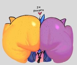 alphys anthro ass avian between_butts big_butt blue_body blue_feathers cellulite clothing collared_shirt deltarune dinosaur faceless_anthro faceless_character feathers female freckles group heart_symbol male mrxharlequinn necktie prehistoric_species purple_body reptile rocco_(roccorox) roccorox scalie shirt simple_background size_difference susie_(deltarune) tail text thick_thighs topwear trio undertale_(series) yellow_body