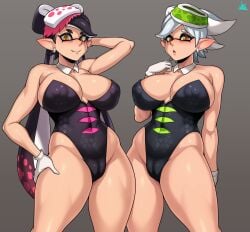 2girls blush breasts callie_(splatoon) cleavage earrings gloves jmg large_breasts long_hair looking_at_viewer marie_(splatoon) open_mouth short_hair splatoon thick_thighs thighs white_gloves yellow_eyes