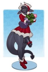 2024 2_horns anthro balls biped boosterpang christmas christmas_boots christmas_clothing christmas_headwear clothed clothing dildo femboy genitals gift_wrapped half-erect hat headgear headwear hi_res holidays horn huge_dildo kobold male male_only penis santa_hat scalie sex_toy skimpy solo spade_tail tail