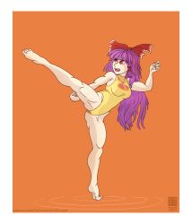 absurdres bow breasts dc_comics female female_only femsub lady_legasus leotard long_hair mr_scade open_mouth purple_hair reimu_hakurei solo teen_titans_go! touhou