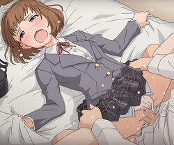 1boy bed bed_sheet blazer blue_eyes blush brown_hair censored clothed_sex dress_shirt female idolmaster idolmaster_cinderella_girls jacket kudou_shinobu lying missionary on_back on_bed open_mouth panties panties_aside penis pleated_skirt pussy ribbon school_uniform sex sheet_grab shirt short_hair skirt solo_focus spread_legs straight sweat tomu_(tomubobu) underwear vaginal_penetration white_panties