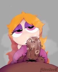 big_balls bineseeeeeek_(artist) black_body blowjob large_breasts larger_male orange_hair pink_eyes pubic_hair tagme