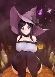 bare_shoulders black_legwear black_panties blue_eyes blush breasts butsu_menhou censored cleavage crotchless_panties elbow_gloves female fire flame gloves halloween hat heart heart_censor highres jack-o'-lantern lace_choker lace_trim large_breasts long_hair looking_at_viewer mole mole_under_eye moth original panties pubic_hair pumpkin purple_gloves purple_hair pussy sitting skull smile solo thick_thighs thighhighs thighs underwear witch witch_hat